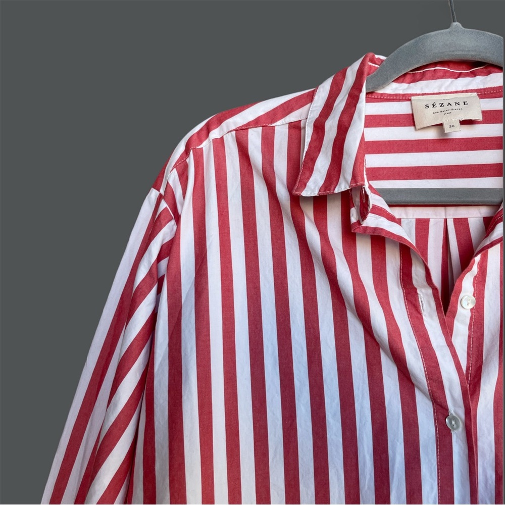 Sezane Coral and White Striped Button-Down Shirt - Picture 3 of 16
